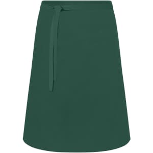 A green apron with a tie waist, featuring a simple design and a solid colour. It has an implied branding element.