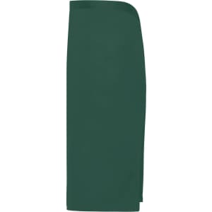 A green apron features a simple, sleek design with one side slightly longer. It includes a logo.