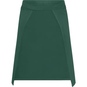 A green apron with a simple design and fitted shape, featuring a logo on the fabric.