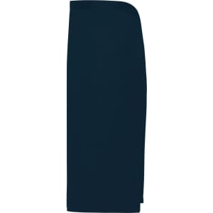 A navy blue apron featuring a simple, sleek design and a logo on the side.