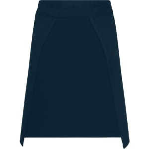 A navy blue apron short featuring a simple design, with a branded logo at the top.