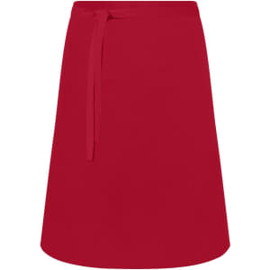 A red apron with a tie waist, featuring a simple design and no discernible patterns or textures.