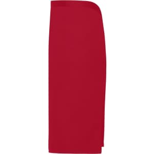 A red apron with a sleek design and a logo, ideal for workwear and kitchen use.