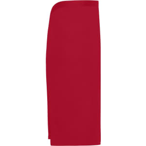A red apron with a minimalist design, featuring a side slit and a branding logo.
