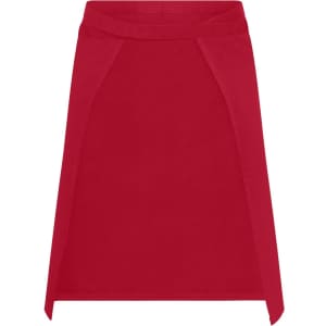 A red apron featuring a simple design and an integrated logo. Suitable for various workwear settings.