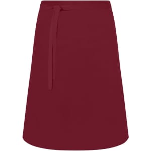 A burgundy apron featuring a tie waist and a simple design, suitable for various workwear settings.