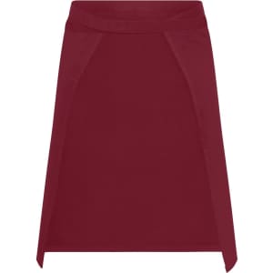 A burgundy apron with a simple design and side panels, featuring a branding logo.