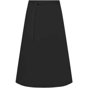A long black apron with a tie at the waist. The design is simple and features no patterns.