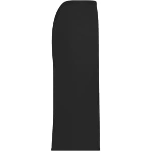 A black apron with a sleek design, featuring a logo on the front. Suitable for workwear purposes.