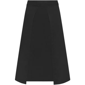 A black apron with a long, straight design, featuring a split detail and a logo.
