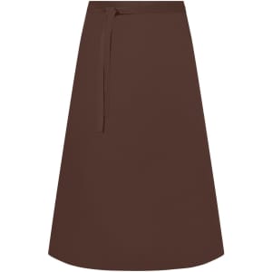 A brown apron with a tied waist, showcasing a simple and functional design. It has a logo present.