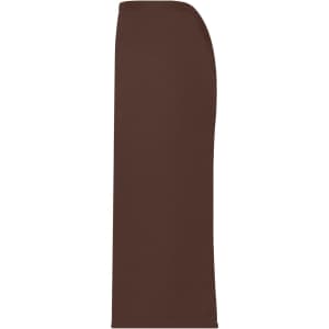 A long brown apron with a sleek design and curved edges, featuring a logo on the side.