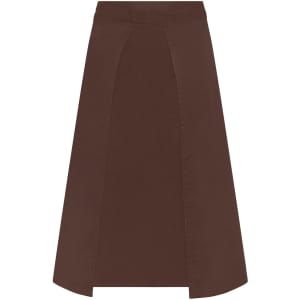 A brown apron with a flared design, featuring panels and a waistband. The product includes a logo.