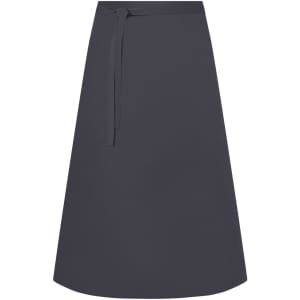 A dark grey apron with a waist tie, featuring a simple design and a branding logo.
