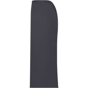 A long, dark grey apron has a simple, smooth design and features a logo.