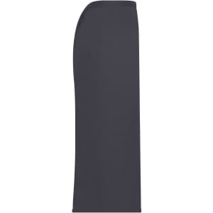 A long, dark grey apron with a smooth texture and slight curve at the top. It features a logo.