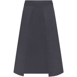 A dark grey apron with a flat waistband and a minimalist design, featuring a logo.