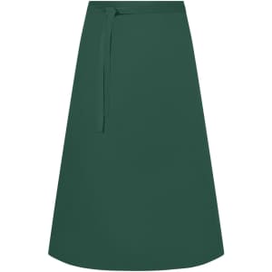 A green apron with a tie belt, featuring a simple design and a straight cut, suitable for workwear.