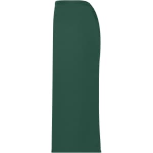 A long green apron with a simple design, featuring smooth, flowing fabric and a side view profile.