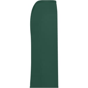 A long green apron with a sleek design, featuring a logo on the fabric.