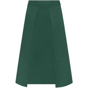 A dark green apron with a structured design, featuring two side panels and a waistband. It has a logo.