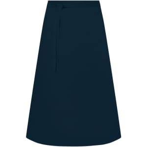 A dark navy apron with a tie waist, featuring a simple, sleek design. It has a logo on the fabric.