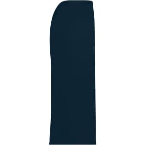 A long navy apron with a smooth finish and a curved top edge, featuring a logo.