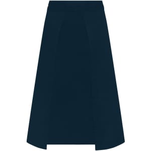 A navy blue apron with a straight cut and side slits. It features a branding logo.