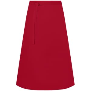 A red apron featuring a tie waistband, designed for workwear use. It has a plain design with no visible logos.