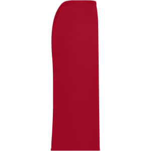 A long red apron featuring a smooth design and a logo, perfect for workwear.