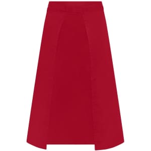 A red apron with a long design and a simple structure, featuring a logo.