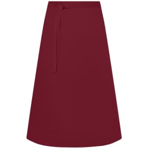 A long burgundy apron with a waist tie and a plain design. It features a logo but no visible text.