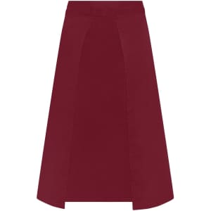 A burgundy apron with a wide, knee-length design and a plain texture. It features a logo at the top.