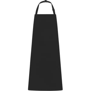 A black apron with a bib and neck strap, featuring a logo. Suitable for workwear purposes.