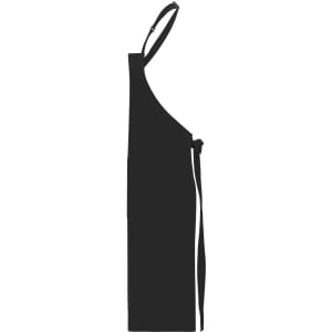A black apron with a bib, featuring a strap and waist ties. It has a simple design and includes a branding logo.
