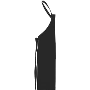 A black apron with a bib and adjustable straps, featuring a side tie for securing.