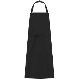 A black apron with a bib design and a waist tie, featuring adjustable straps and a simple style.