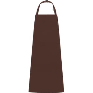 A brown apron with a bib and an adjustable neck strap, featuring a front pocket.