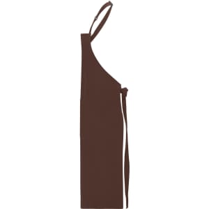 A brown apron with a bib and adjustable straps, featuring a tied waist and a simple design.