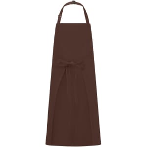 A brown apron with a bib and adjustable strap, featuring a tie at the waist. It includes a logo.