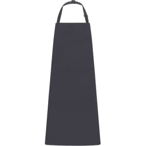 A dark grey apron with a bib and two front pockets, featuring an adjustable neck strap and a branding logo.