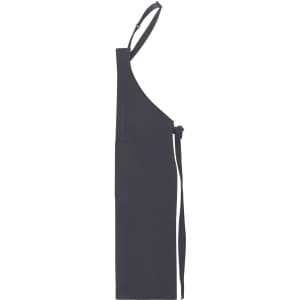A dark grey apron with a bib, featuring an adjustable neck strap and a tie waist. It has a simple design.