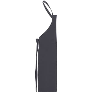 A dark grey apron with a bib design, featuring a side pocket and adjustable neck straps.