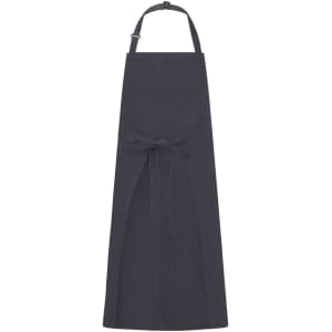 A dark grey apron with a bib and a waist tie, featuring a simple design and adjustable neck strap.