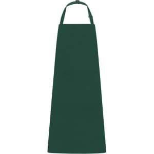 A green apron with a bib, featuring a logo and a neck strap for adjustable fit.