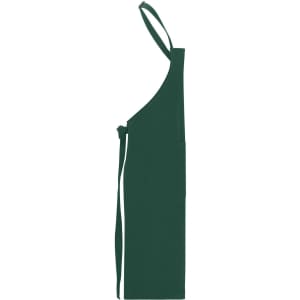A green apron with bib design, featuring adjustable straps and a tie at the waist. It includes a logo on the front.