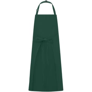 A dark green apron with a bib and adjustable neck strap, featuring a waist tie for a secure fit.
