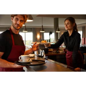 A man and woman in black shirts and burgundy aprons serve coffee and food at a stylish café counter.