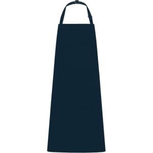 A dark navy apron with a bib and adjustable straps, featuring a logo on the front.