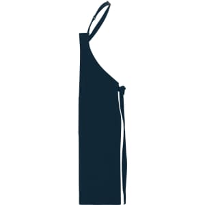 A navy blue apron with a bib and adjustable neck strap, featuring a tie at the waist and a logo.